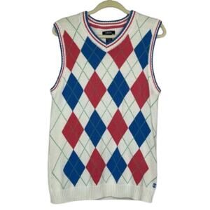 Izod Argyle white pink blue sleeveless knit sweater V-neck cotton size XL 18/20
